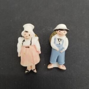 Vintage Pair Girl Boy Farmer Pins Brooch Costume Jewelry Set of Two